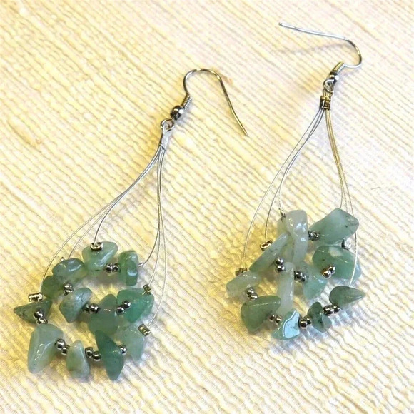 Handmade Green Aventurine Gemstone Beads Triple Teardrop Loop 70mm Long Earrings - Picture 1 of 1